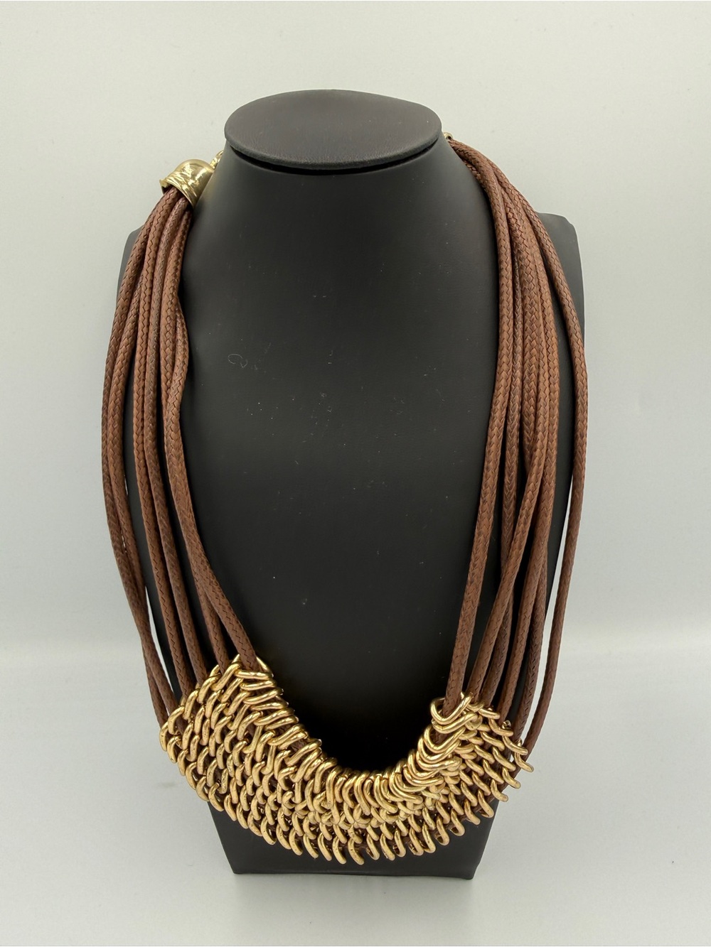 Brown Multi-Strand Necklace with Gold Chain Accent